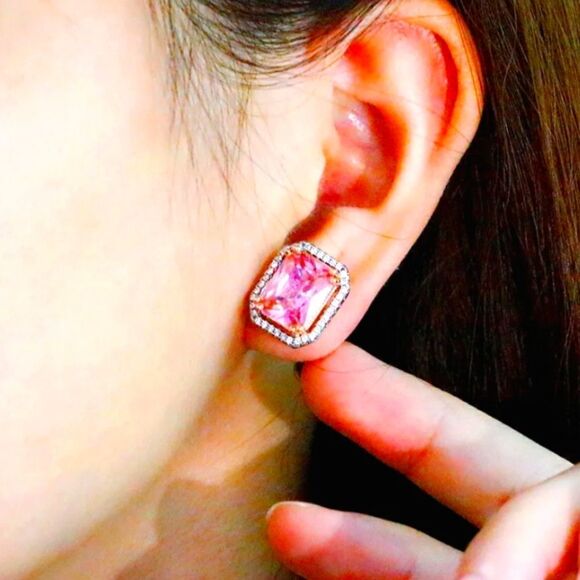 Women's Pink Sapphire Stud Earrings Surrounded by White Topaz 925 Silver - Picture 2 of 5